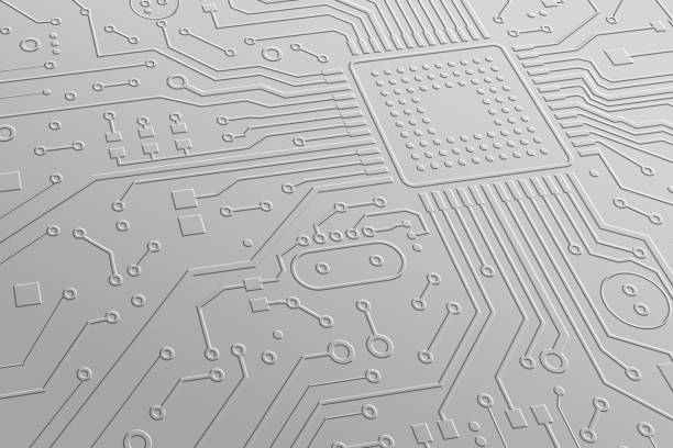 istock Illustration of white integrated microcircuit with lines, futuristic technology backdrop 1222186462