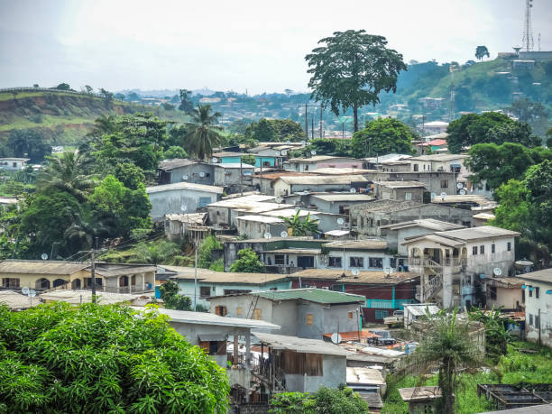 Libreville Panoramic view with parabolic tin roofs and palm trees of the African city of Libreville, capital of Gabon gabon stock pictures, royalty-free photos & images