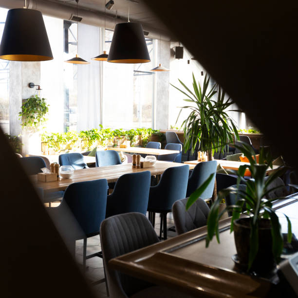 istock Creative view on cozy loft interior of restaurant, copy space 1222187424