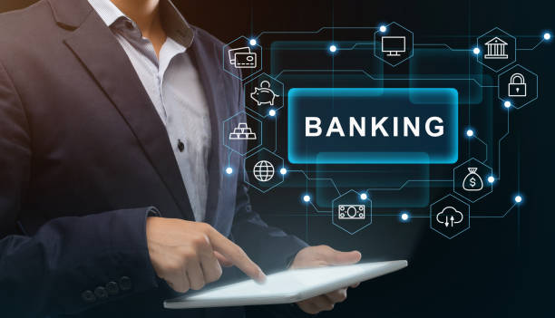 istock Financier with tablet making online payment through electronic banking system. Collage with finance icons 1222187720