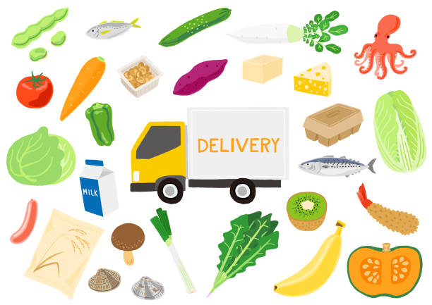 The delivery truck with Japanese fresh food set The delivery truck with Japanese fresh food set natto stock illustrations