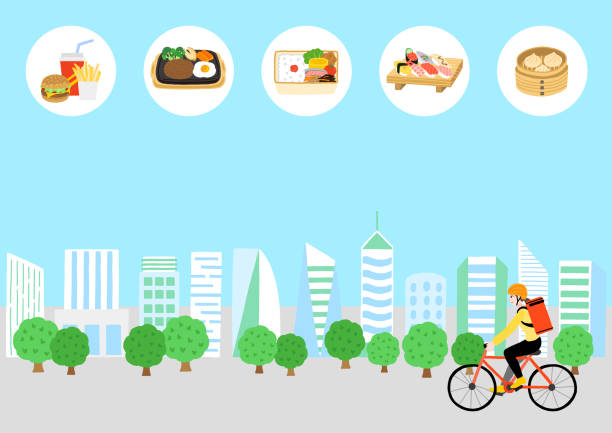 ilustraciones, imágenes clip art, dibujos animados e iconos de stock de la mujer que lleva una bolsa de entrega de comida en su espalda, carretera una bicicleta en una ciudad. comida de entrega japonesa. - meals on wheels illustrations