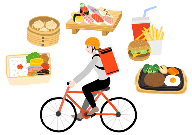 ilustraciones, imágenes clip art, dibujos animados e iconos de stock de la mujer que lleva una bolsa de reparto en su espalda, en la carretera una bicicleta. comida de entrega japonesa. - meals on wheels illustrations