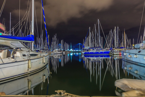 View on yacht harbor of Barcelona at night