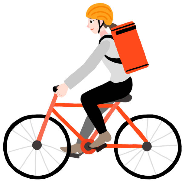 ilustraciones, imágenes clip art, dibujos animados e iconos de stock de la mujer que lleva una bolsa de reparto en su espalda, carretera una bicicleta - meals on wheels illustrations