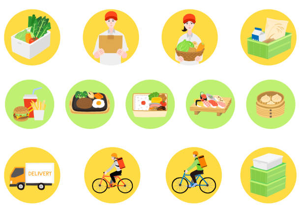 ilustraciones, imágenes clip art, dibujos animados e iconos de stock de conjunto de iconos de comida de entrega japonesa. entrega de repartidores y camiones. - meals on wheels illustrations