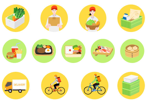 ilustrações de stock, clip art, desenhos animados e ícones de japanese delivery meal icon set. delivery people and truck. - meals on wheels illustrations