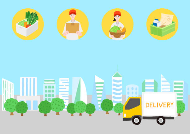 ilustraciones, imágenes clip art, dibujos animados e iconos de stock de el camión de reparto en una ciudad. comida de entrega japonesa. los repartidores japoneses tienen caja de entrega y cesta de verduras. - meals on wheels illustrations