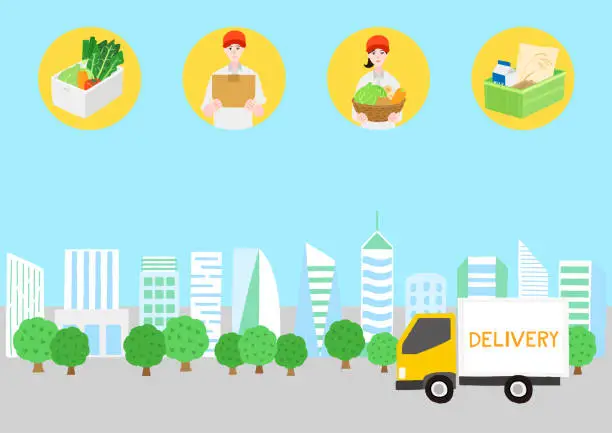 Vector illustration of The delivery truck in a city. Japanese delivery meal. Japanese delivery people have delivery box and vegetable basket.