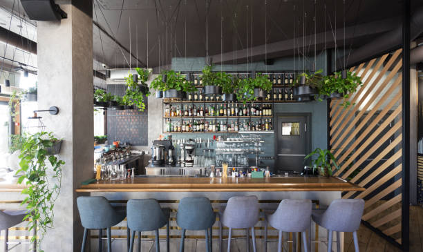 istock Different beverages on bar counter in modern cafe, online bar 1222189053