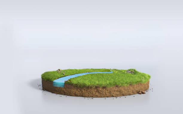istock Fantasy 3D rendering circle podium grass field with river, surreal round soil cutaway isolated on white background 1222192840