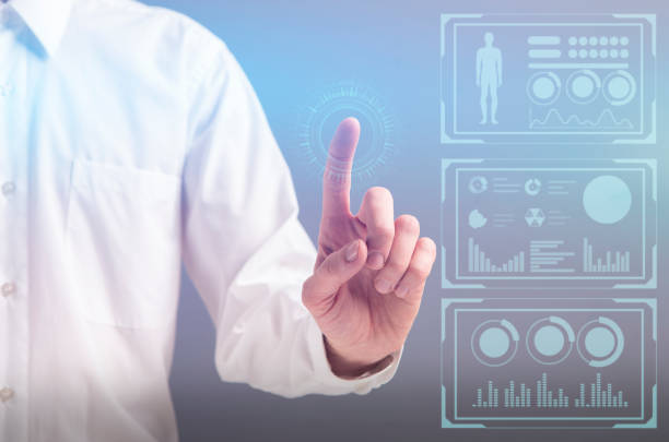 istock Business man pressing buttons on infographic panel 1222193351