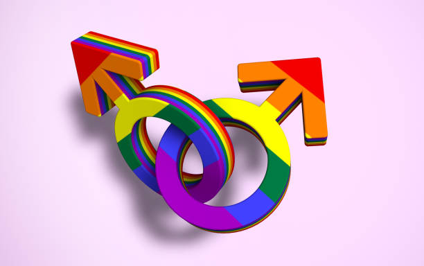 istock Two linked male symbols colored gay pride flag 1222194022
