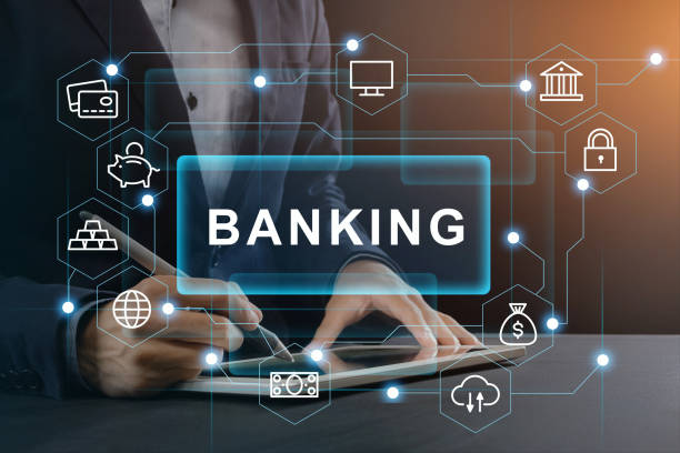istock Electronic banking. Businessman using online financial service on tablet computer, creative collage with pictograms 1222195942