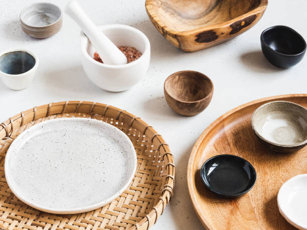 istock Various empty dishes - plate, trays, small bowls and sauces on light background. Copy space 1222196049