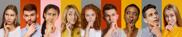istock Collage with puzzled multicultural people on color background, panorama 1222196813