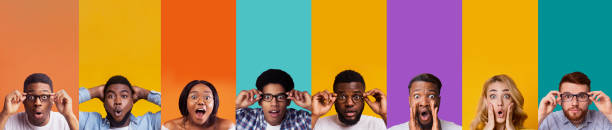 istock Creative collage with shocked multiethnic people on color background, blank space. Panorama 1222197148