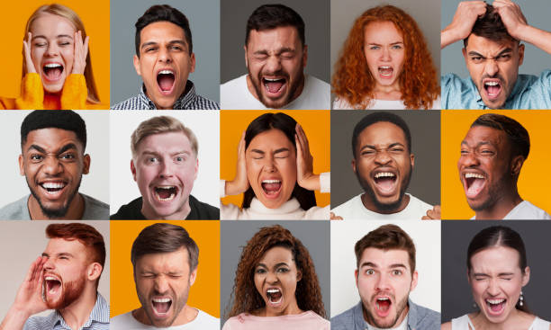 istock Expressing anger. Collage with diverse people screaming, showing negative emotions, color baclground 1222197394
