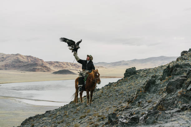 istock Eagle hunter on horse in desert in Mongolia 1222198491