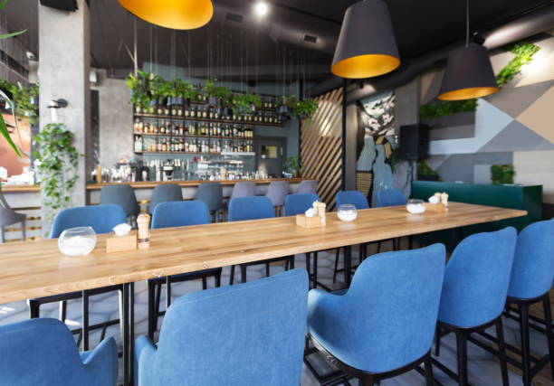 istock Contemporary design in loft style, modern dining place and bar counter 1222199068
