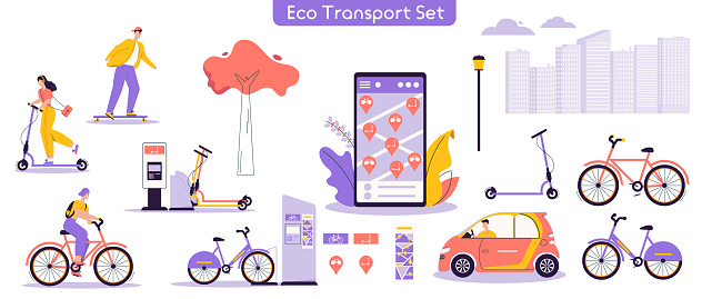 Vector illustration of urban eco transport set. Bundle of character man, woman riding electric kick scooter, bicycles, skateboards, driving car, using rental service mobile app. Modern urban lifestyle
