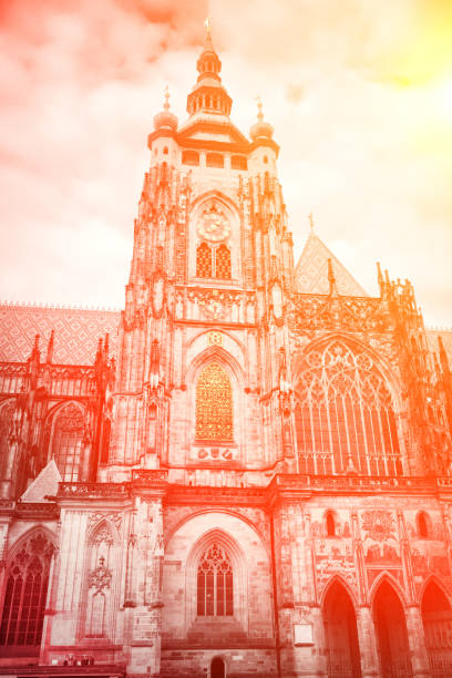 Gothic cathedral tower in red shine - stylized processing - fire castle