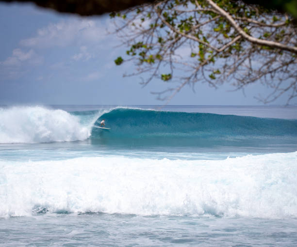 istock Surfer girl on a big perfect wave 1222203101