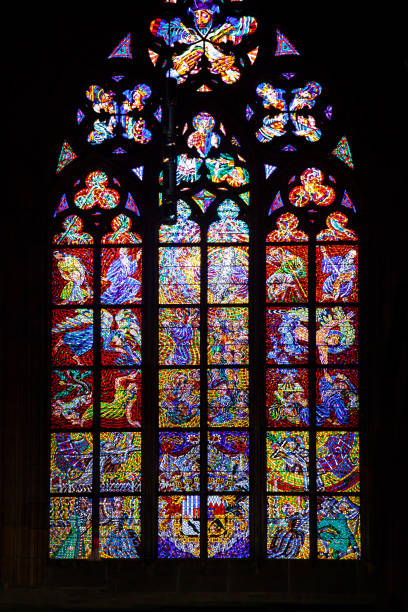 istock Colored stained glass windows of a medieval Gothic cathedral 1222203264