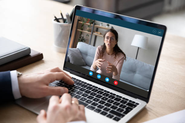 istock Screen computer view focused woman holding business negotiations video call. 1222204157