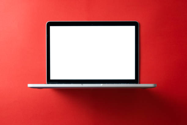 Laptop with blank screen mockup concept. Creative workspace background stock photo