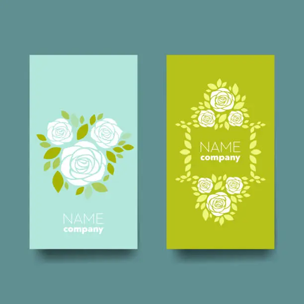 Vector illustration of Two vertical business cards with white flowers.