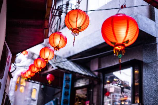 istock Red lanterns on Asian street 1222209910