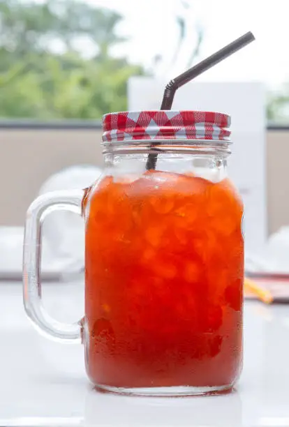 Photo of Iced Lemon tea in jar glass for drink