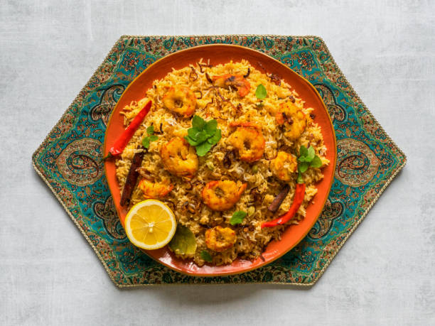Biryani with shrimp. Tasty and delicious prawns biryani, top view
