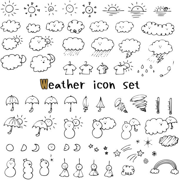 ilustraciones, imágenes clip art, dibujos animados e iconos de stock de conjunto de iconos meteorológicos de escritura a mano - rainbow umbrella descriptive color multi colored