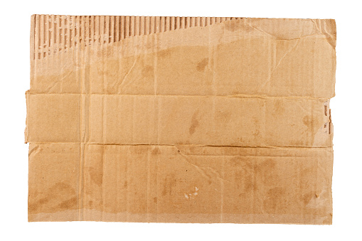 isolated on white sheet of blank flat dirty piece of cardboard - homless plackard mockup