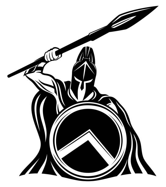 spartanes zeichen mit speer und schild. - griechisches tattoo stock-grafiken, -clipart, -cartoons und -symbole