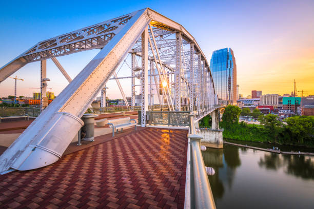Nashville, Tennessee, USA Nashville, Tennessee, USA downtown skyline on the Cumberland River. nashville tennessee bridge stock pictures, royalty-free photos & images