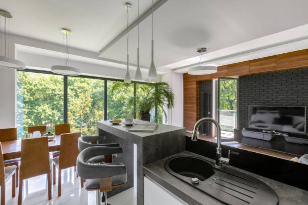 istock Elegant kitchen with gray countertops 1222216203