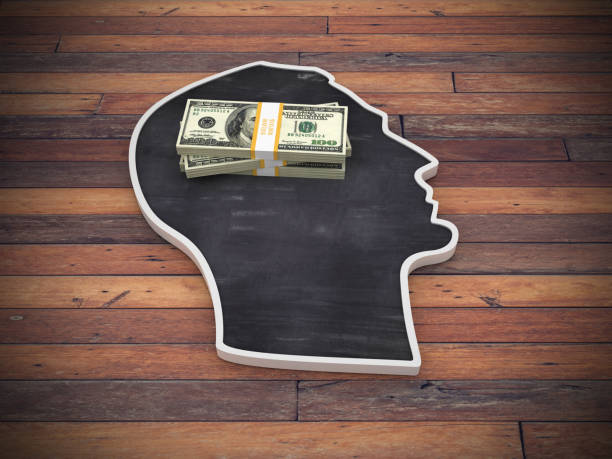 istock Human Head Shape with Dollar Package on Wood Floor - 3D Rendering 1222217088