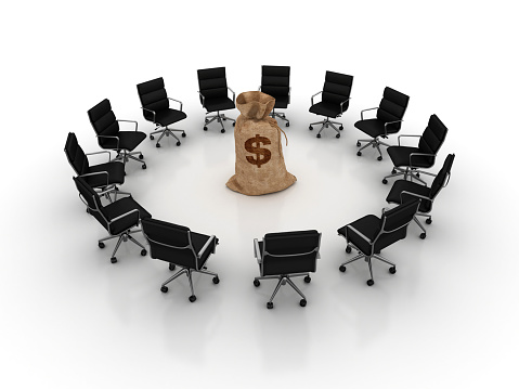 Chairs Teamwork with Dollar Money Bag - White Background - 3D Rendering