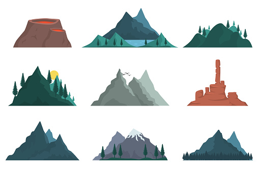 Set of elements of mountain nature silhouette. Various mountains many vector illustrations. Nature landscape, volcano, hilltops, iceberg, mountain range, mound. Outdoor travel, adventure, tourism.