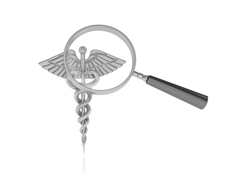 Magnifying Glass with Caduceus Symbol - 3D Rendering
