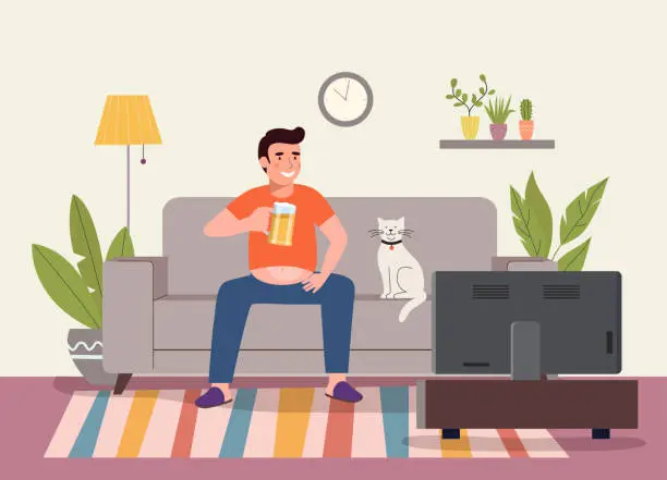 Vector illustration of Lazy young fat man with glass of beer watching soccer on the TV. Vector flat style illustration