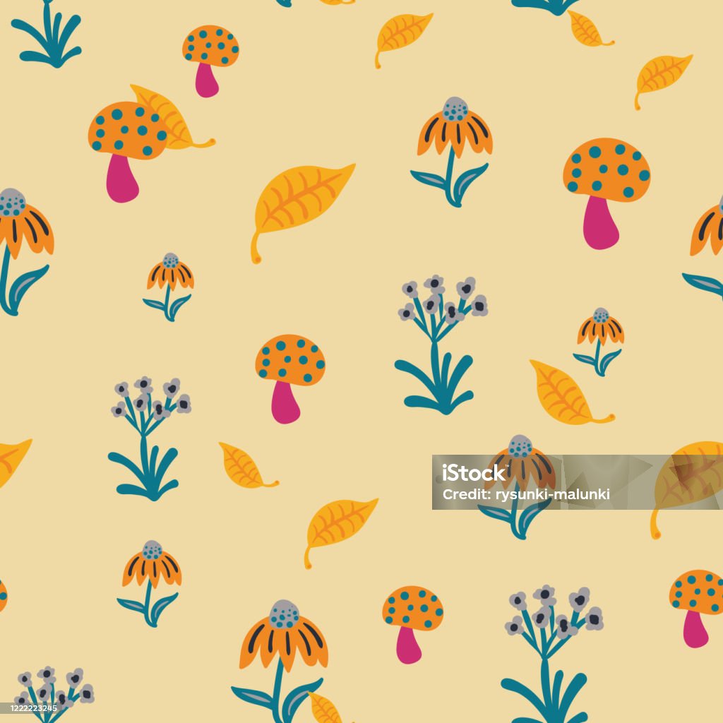 Toadstool Pattern Background Toadstools And Plants Seamless Vector Pattern Stock Illustration ...