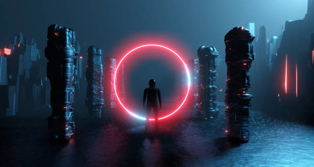 istock 3D rendering fantastic scifi cyber reality. Alone man in helmet inside spaceship, blocks house, alien city road in front red neon circle portal, teleport. Landscape after apocalypse, epidemic, war. 1222224137