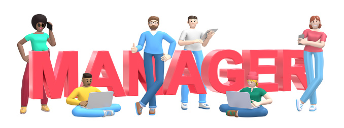 Group of young multiethnic successful people with laptop, tablet, phone and word manager on white background. Horizontal banner cartoon character and text website slogan. 3D rendering.