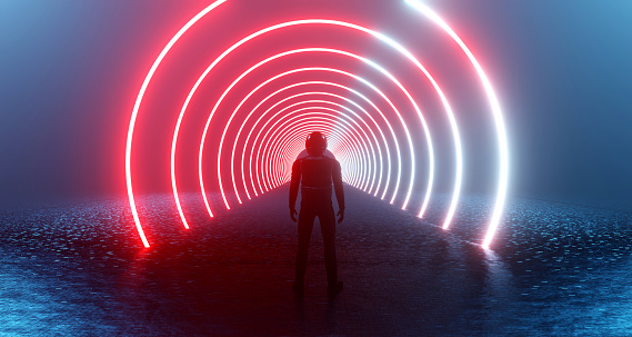 3D rendering a fantastic scene a lonely man in front of a neon red circles portal, teleport. An alien, mystical landscape, a luminous tunnel into the distance, a blazing corridor.