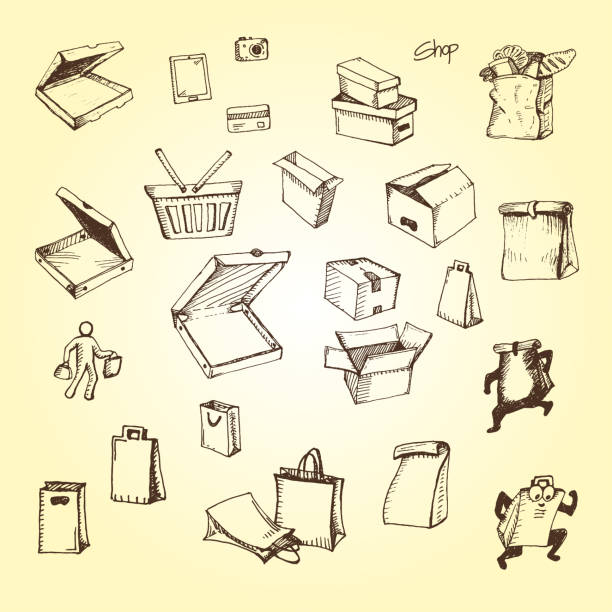 hand-illustration von box, pizza-box, mitnehmen, lieferung, einkaufstasche, papiertüte - shopping bag paper bag retail drawing stock-grafiken, -clipart, -cartoons und -symbole