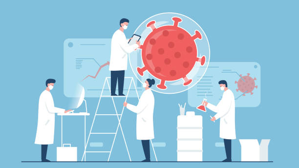 向量概念圖,說明實驗室中研究冠狀病毒疫苗的科學家團隊。它代表了疫苗搜索、醫療保護和醫生和科學家工作的概念 - 微生物學 插圖 幅插畫檔、美工圖案、卡通及圖標